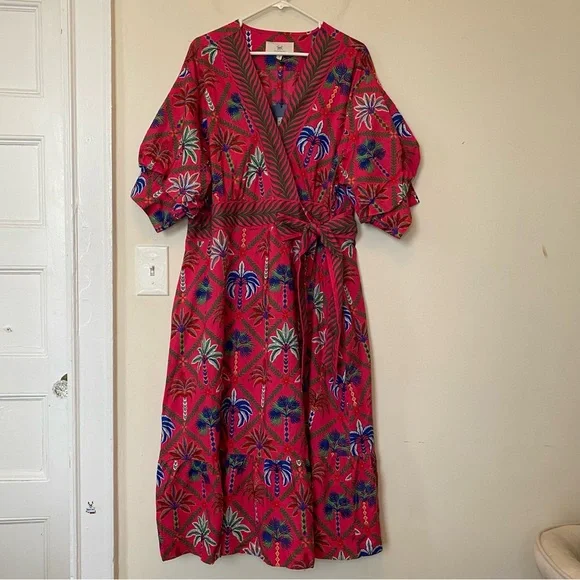 PRINTFRESH NEW Gabriela Midi Wrap Dress in Palm Tree Multi Pink Sz 1X - Picture 4 of 14